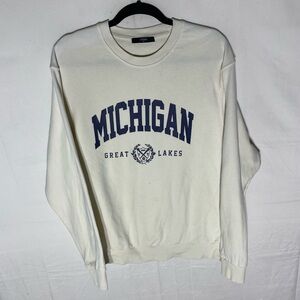 Topten 95 Cream Navy Michigan Great Lake Crewneck Pullover Sweatshirt M